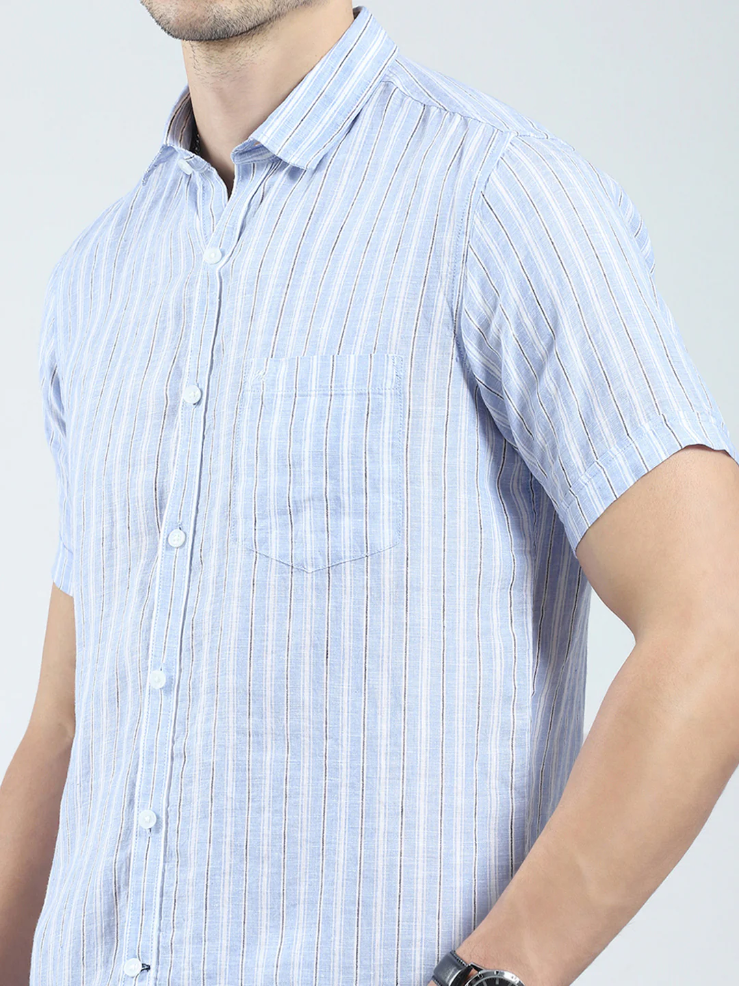 Men Blue Check Collar Half Sleeve Linen Shirt - Image 6