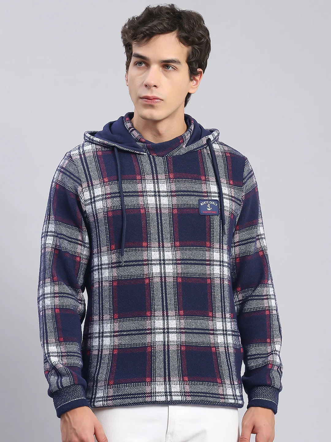 Men Blue Check Hooded Full Sleeve Sweatshirts - Image 2