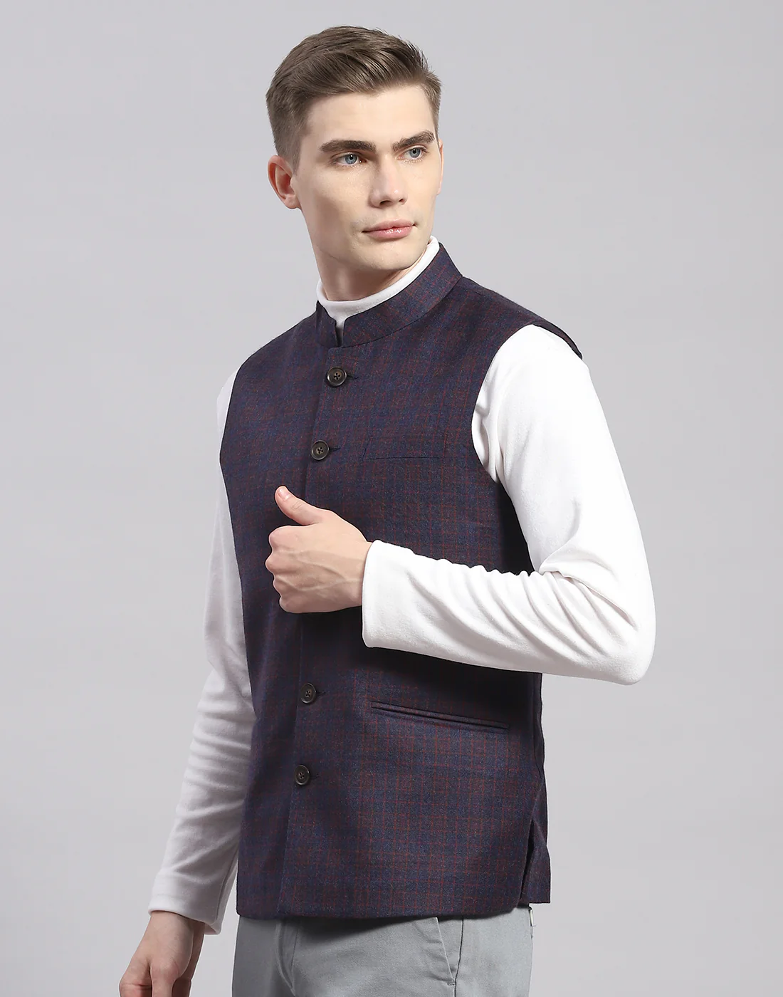 Men Blue Check Mandarin Collar Sleeveless Nehru Jacket - Image 3