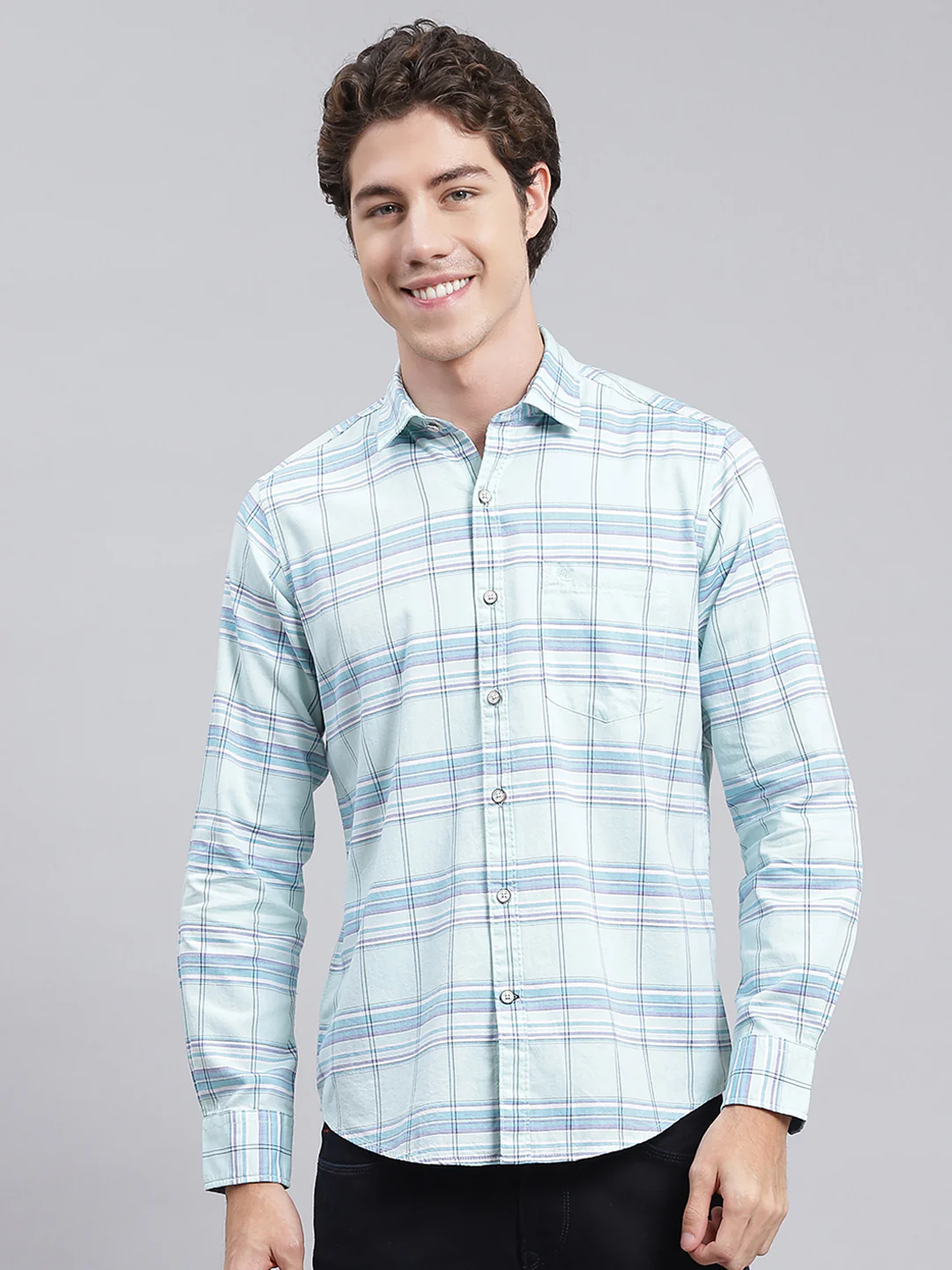 Men Blue Check Pure Cotton Shirt - Image 2
