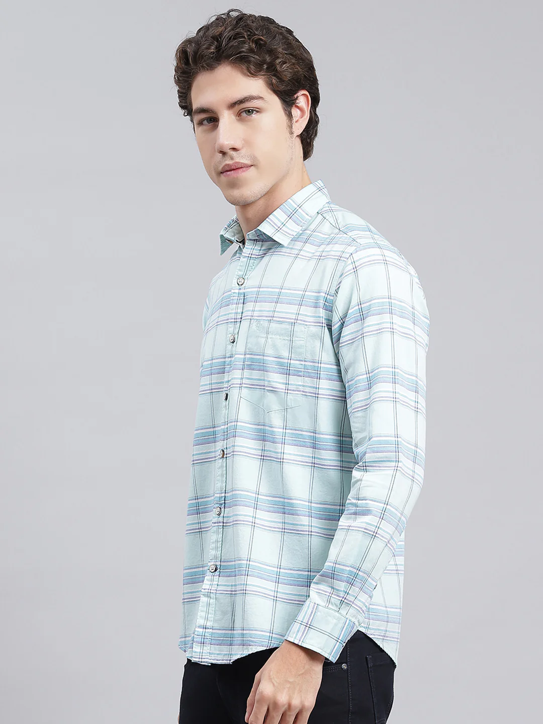 Men Blue Check Pure Cotton Shirt - Image 4