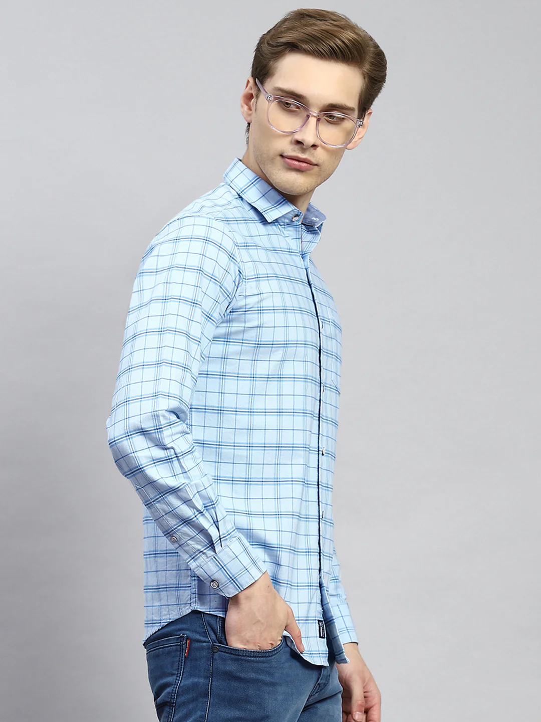 Men Blue Check Shirt - Image 3