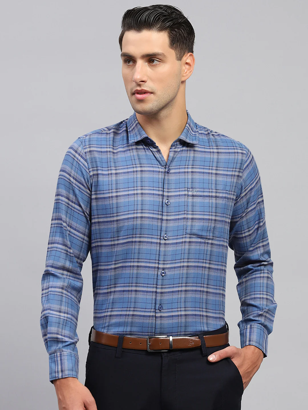 Men Blue Check Spread Collar Full Sleeve Shirt - Image 2