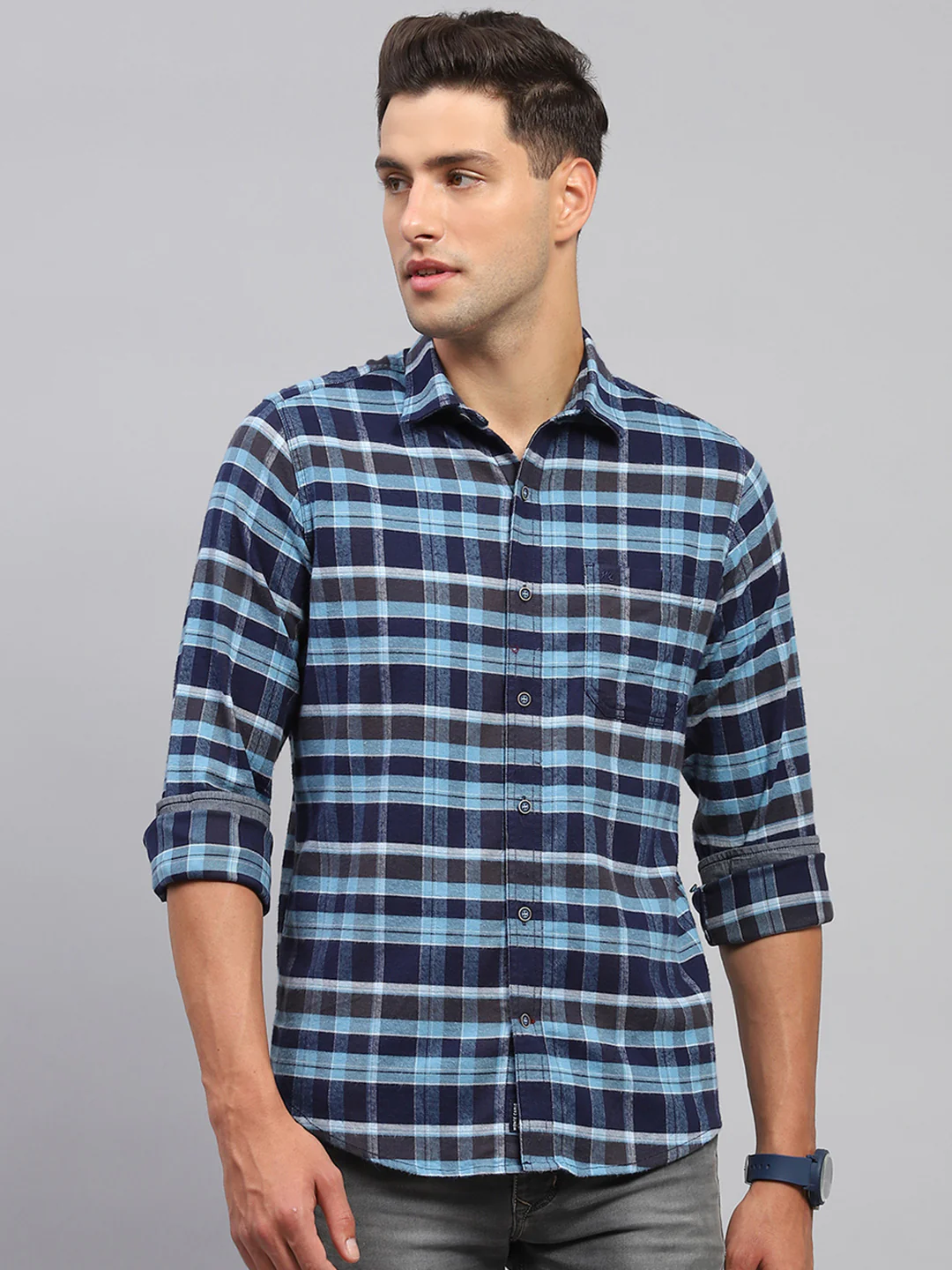 Men Blue Check Spread Collar Full Sleeve Shirt - Image 2