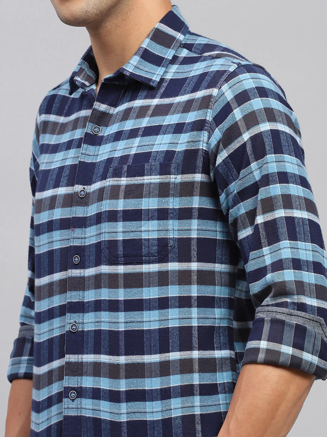 Men Blue Check Spread Collar Full Sleeve Shirt - Image 6