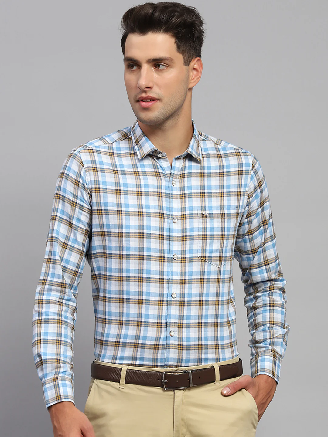 Men Blue Check Spread Collar Full Sleeve Shirt - Image 2