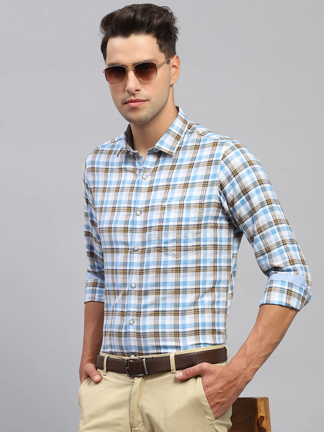 Men Blue Check Spread Collar Full Sleeve Shirt - Image 6