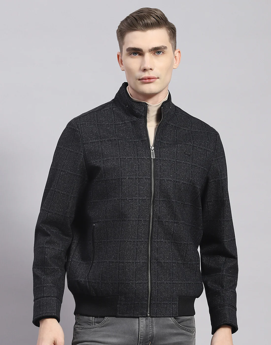 Men Blue Check Stand Collar Full Sleeve Jacket - Image 2