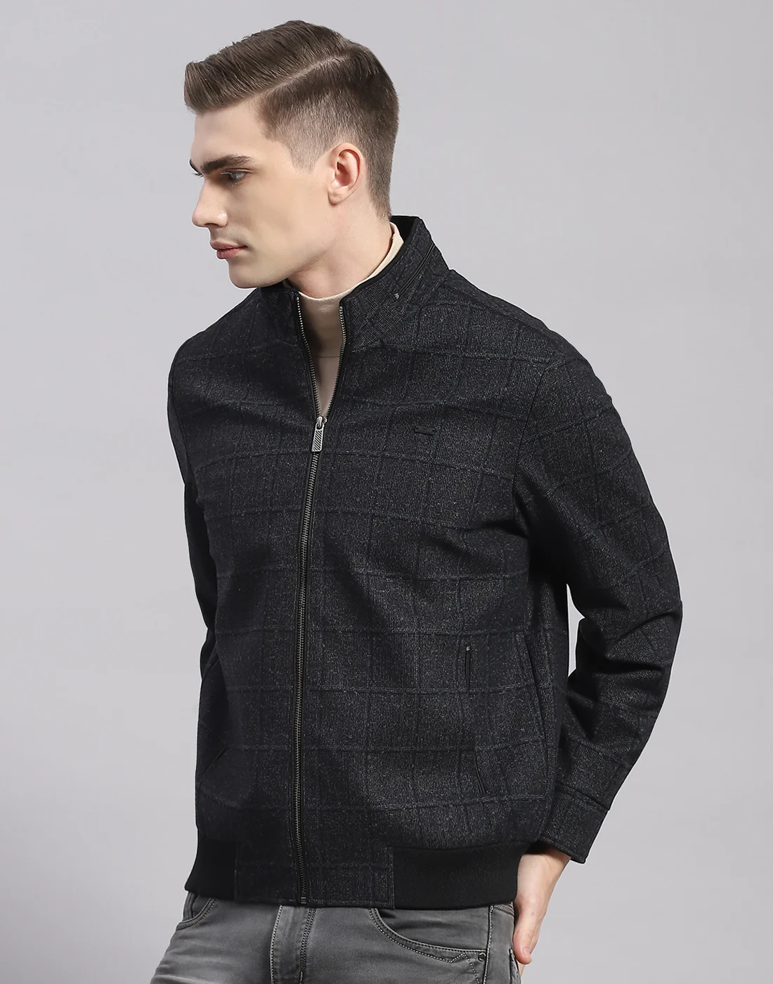 Men Blue Check Stand Collar Full Sleeve Jacket - Image 3
