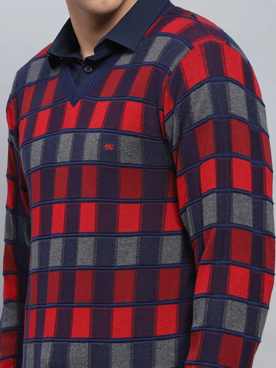 Men Blue Check V Neck Full Sleeve Pullover - Image 6