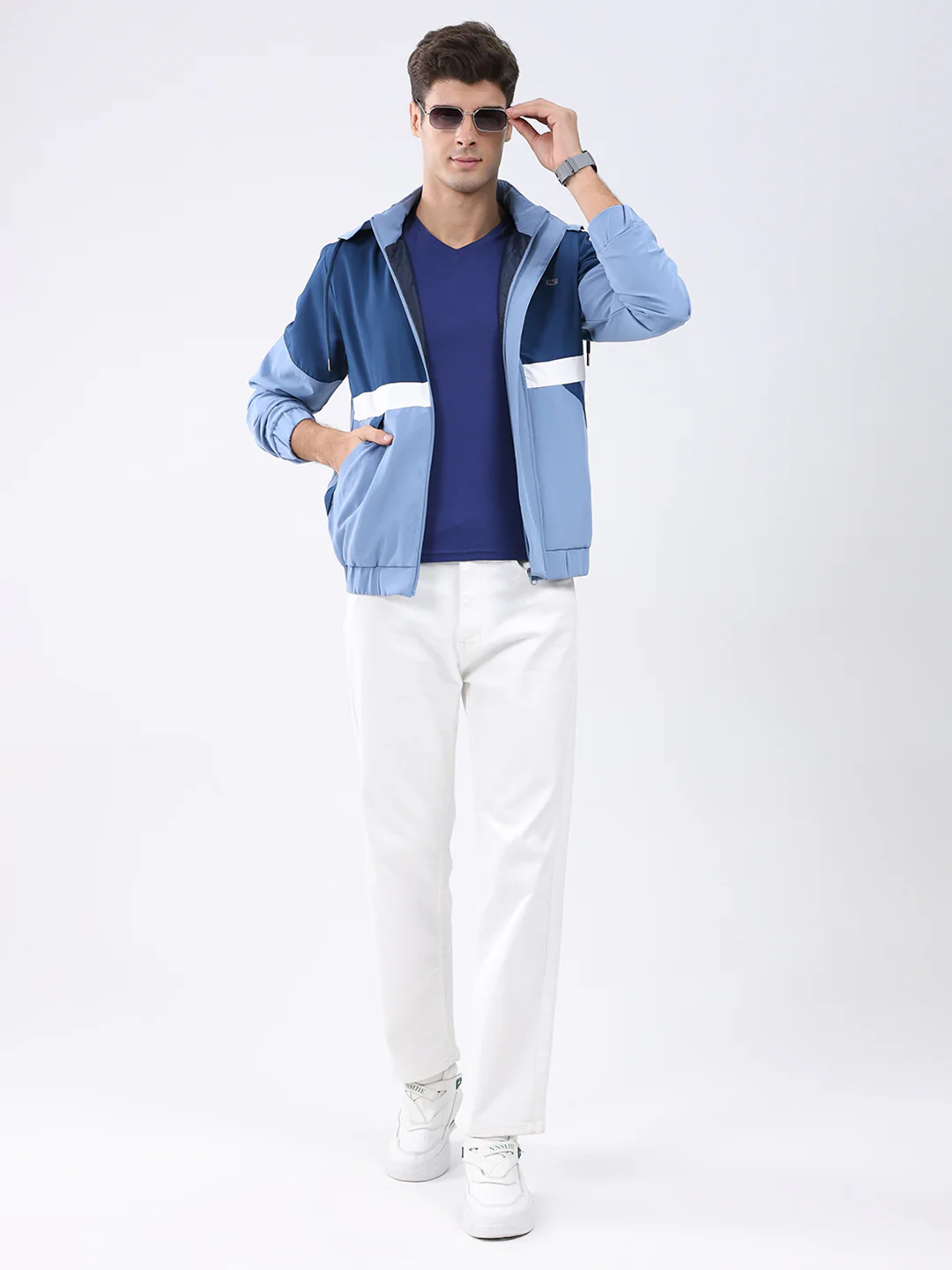 Men Blue Colourblocked Hooded Full Sleeve Jacket - Image 2