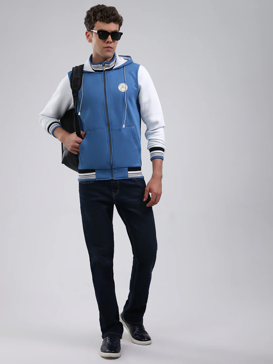 Men Blue Embroidered Hooded Full Sleeve Sweatshirt - Image 2