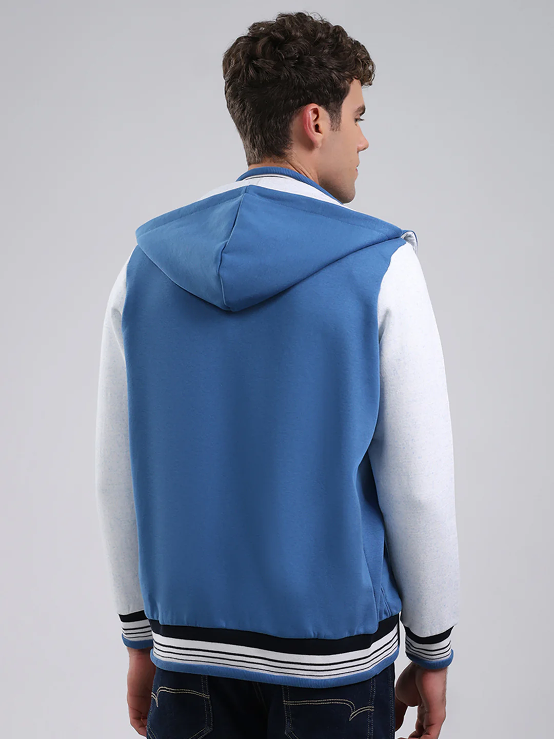 Men Blue Embroidered Hooded Full Sleeve Sweatshirt - Image 5