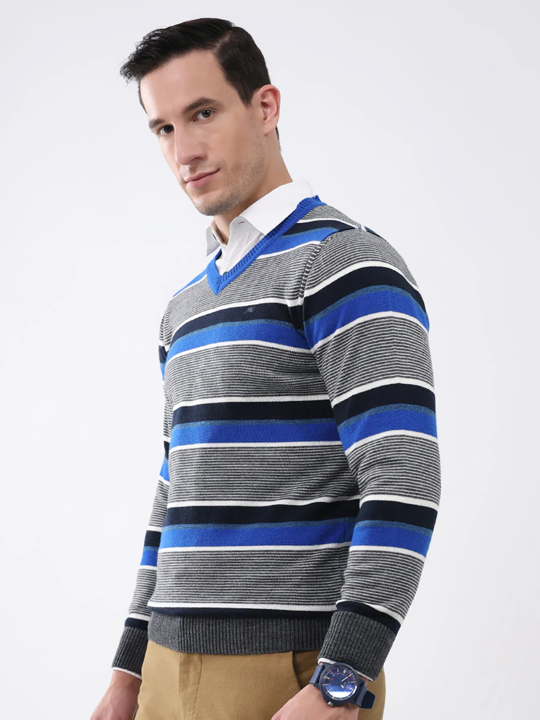 Men Blue & Grey Stripe V Neck Full Sleeve Pullover - Image 3