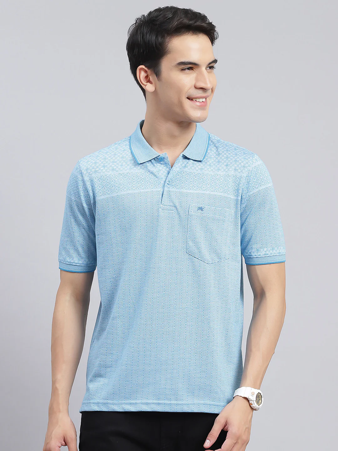 Men Blue Jaquard Cotton Blend T-Shirt - Image 2