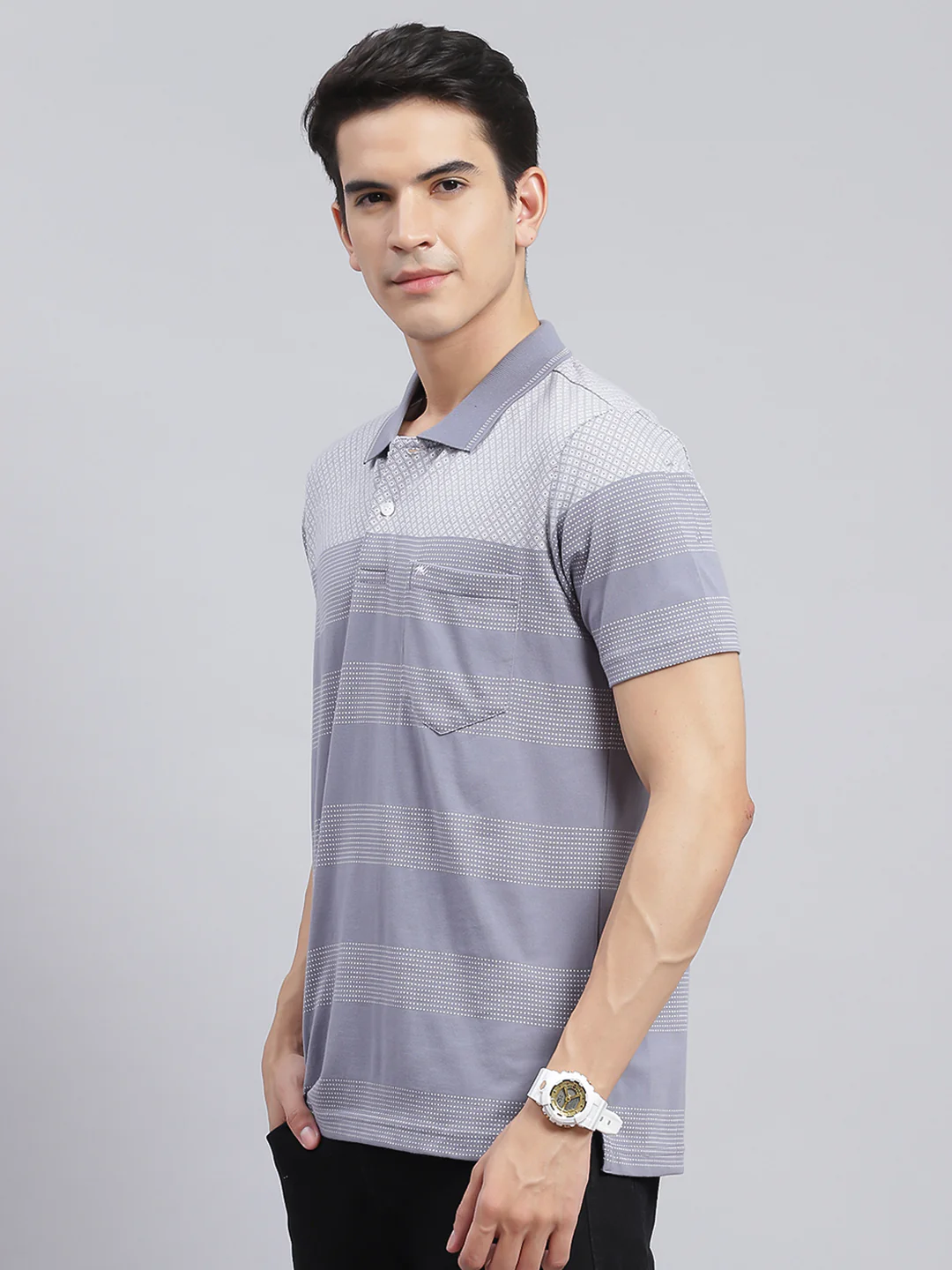 Men Blue Jaquard Cotton Blend T-Shirt - Image 4