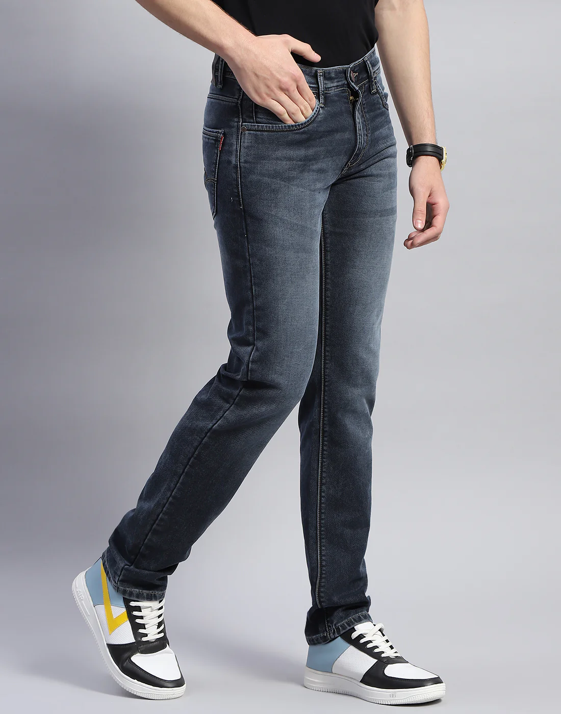 Men Blue Light Wash Narrow Fit Denim - Image 4
