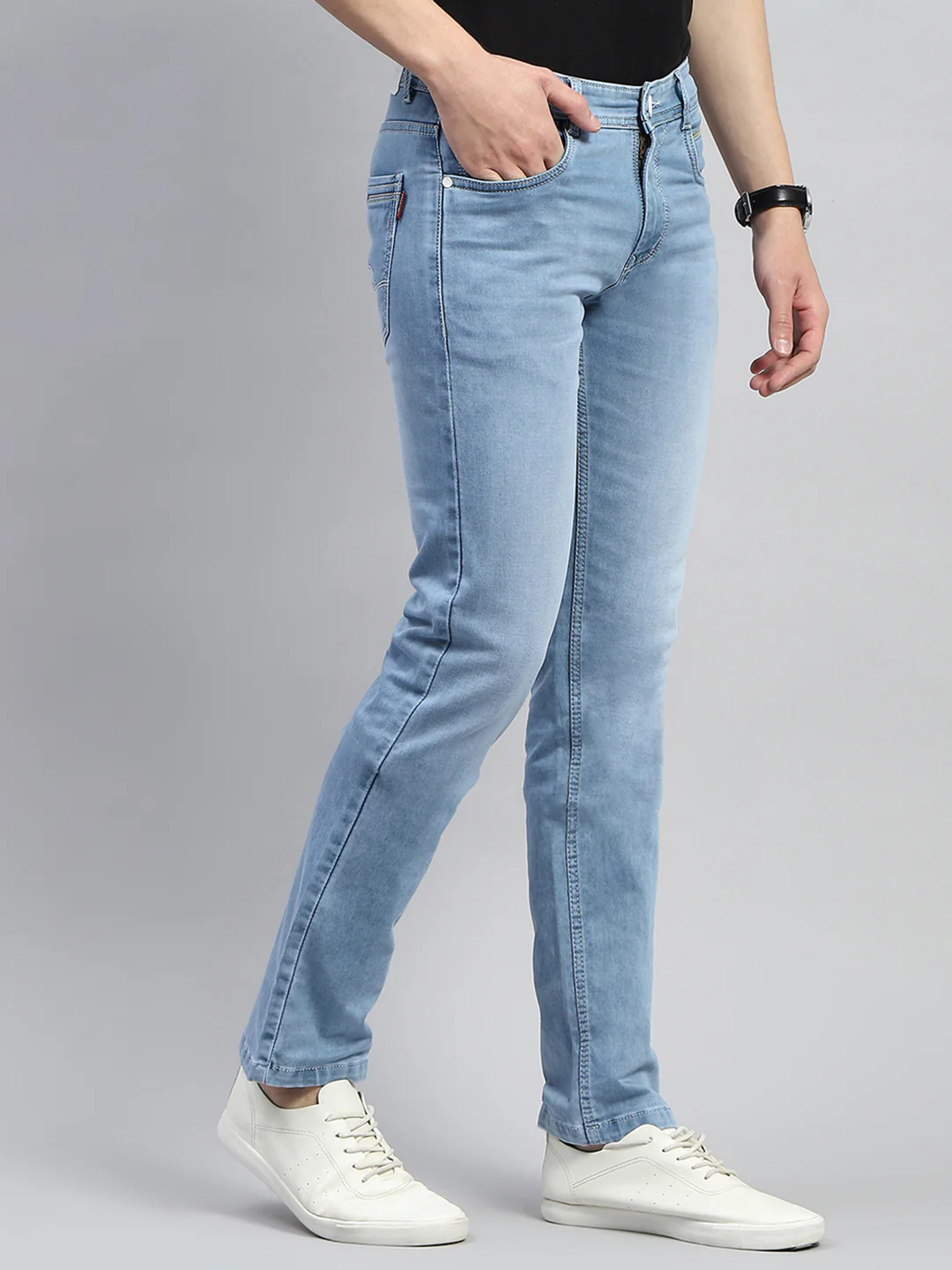 Men Blue Light Wash Narrow Fit Denim - Image 6