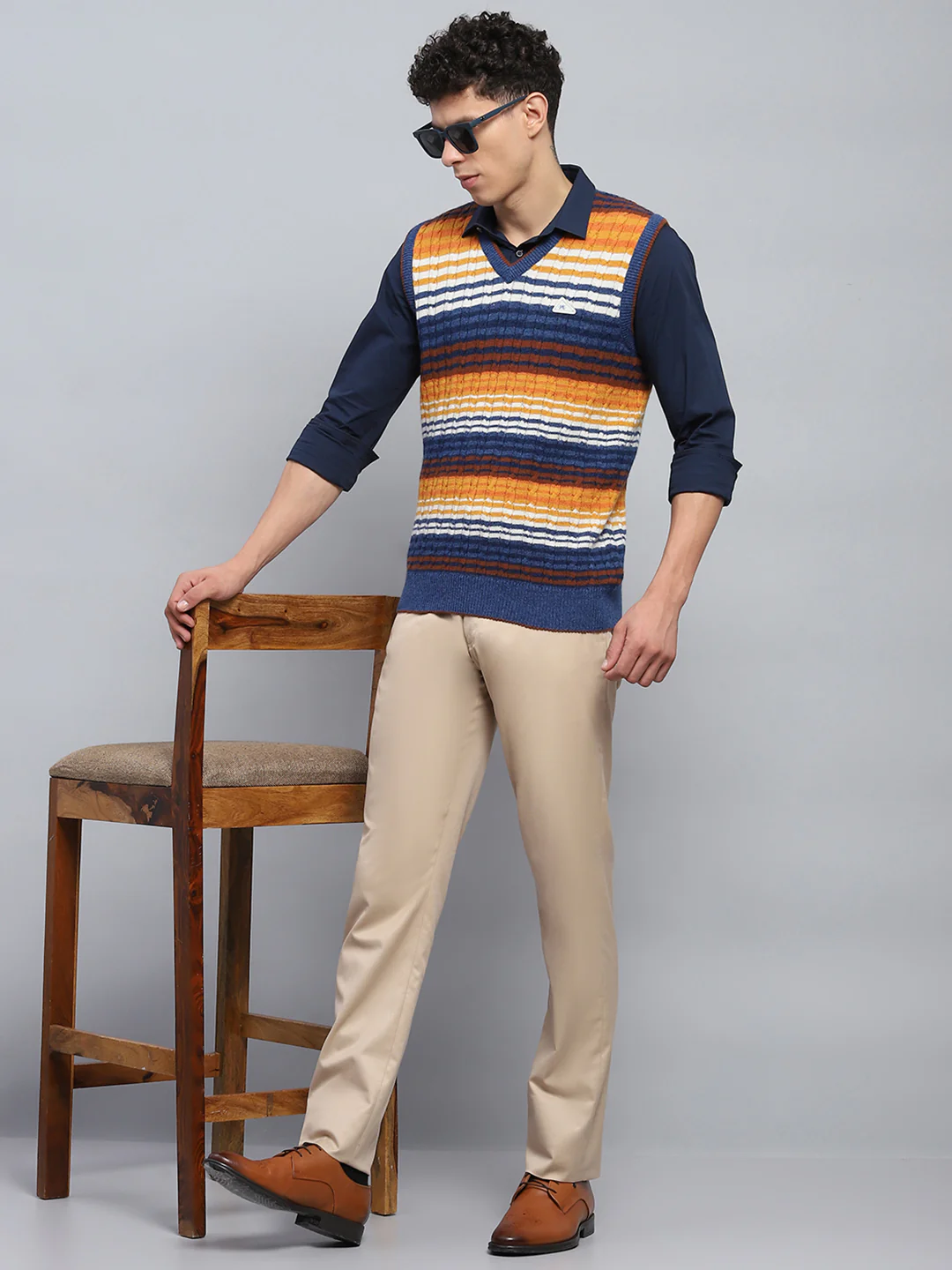 Men Blue & Orange Stripe V Neck Sleeveless Sweater - Image 2