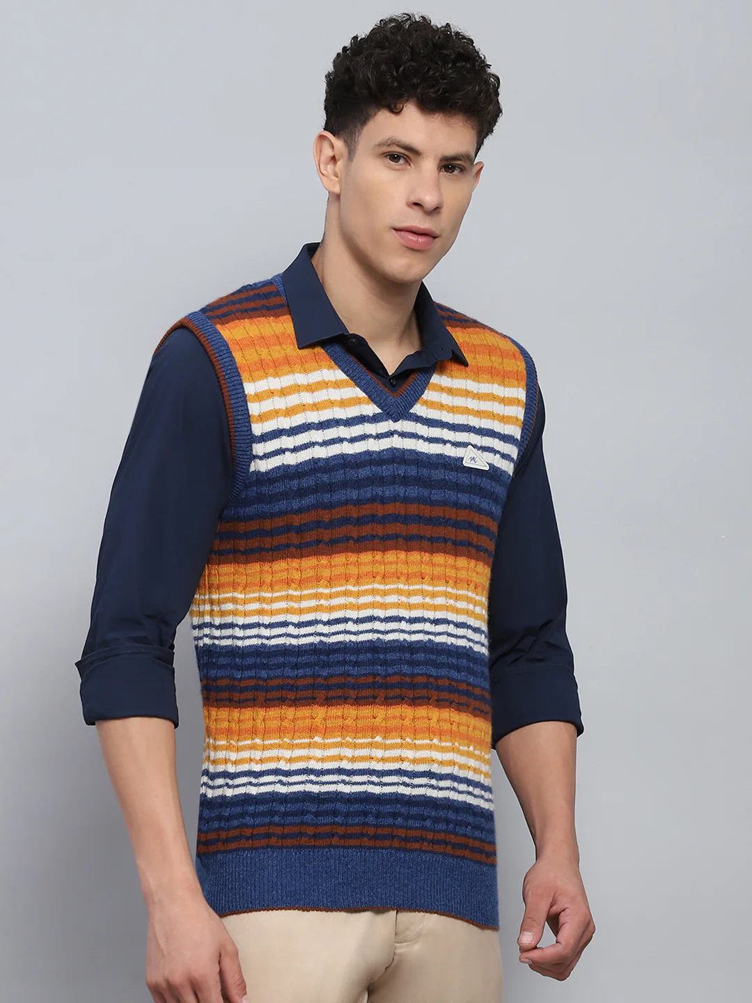 Men Blue & Orange Stripe V Neck Sleeveless Sweater - Image 4