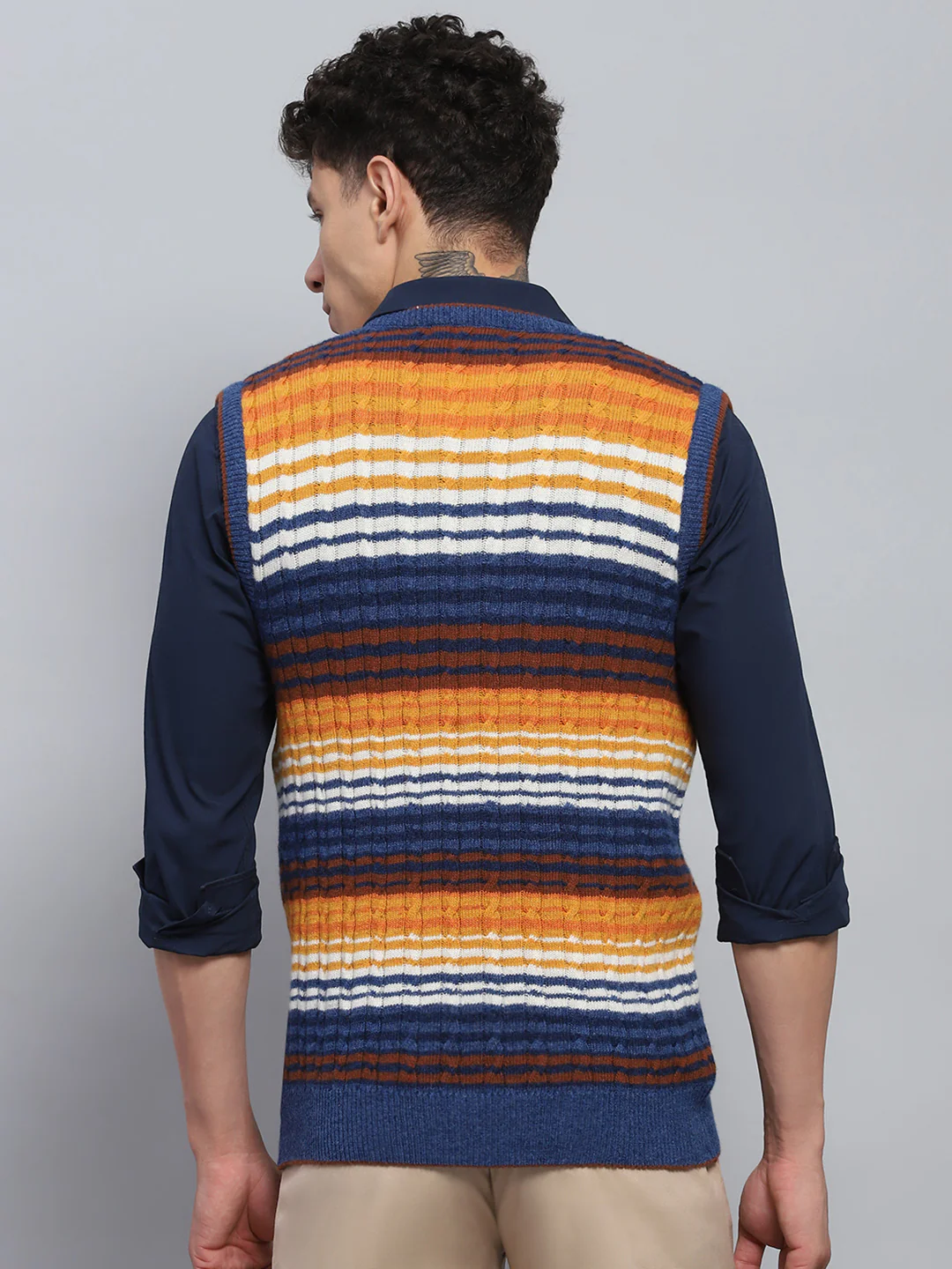 Men Blue & Orange Stripe V Neck Sleeveless Sweater - Image 5