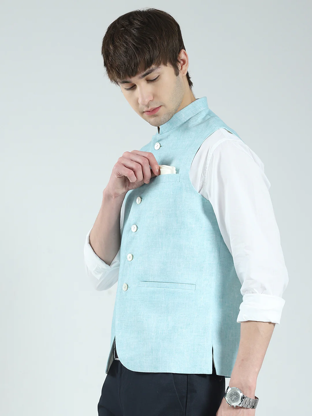 Men Blue Printed Band Neck Sleeveless Nehru Jacket - Image 3