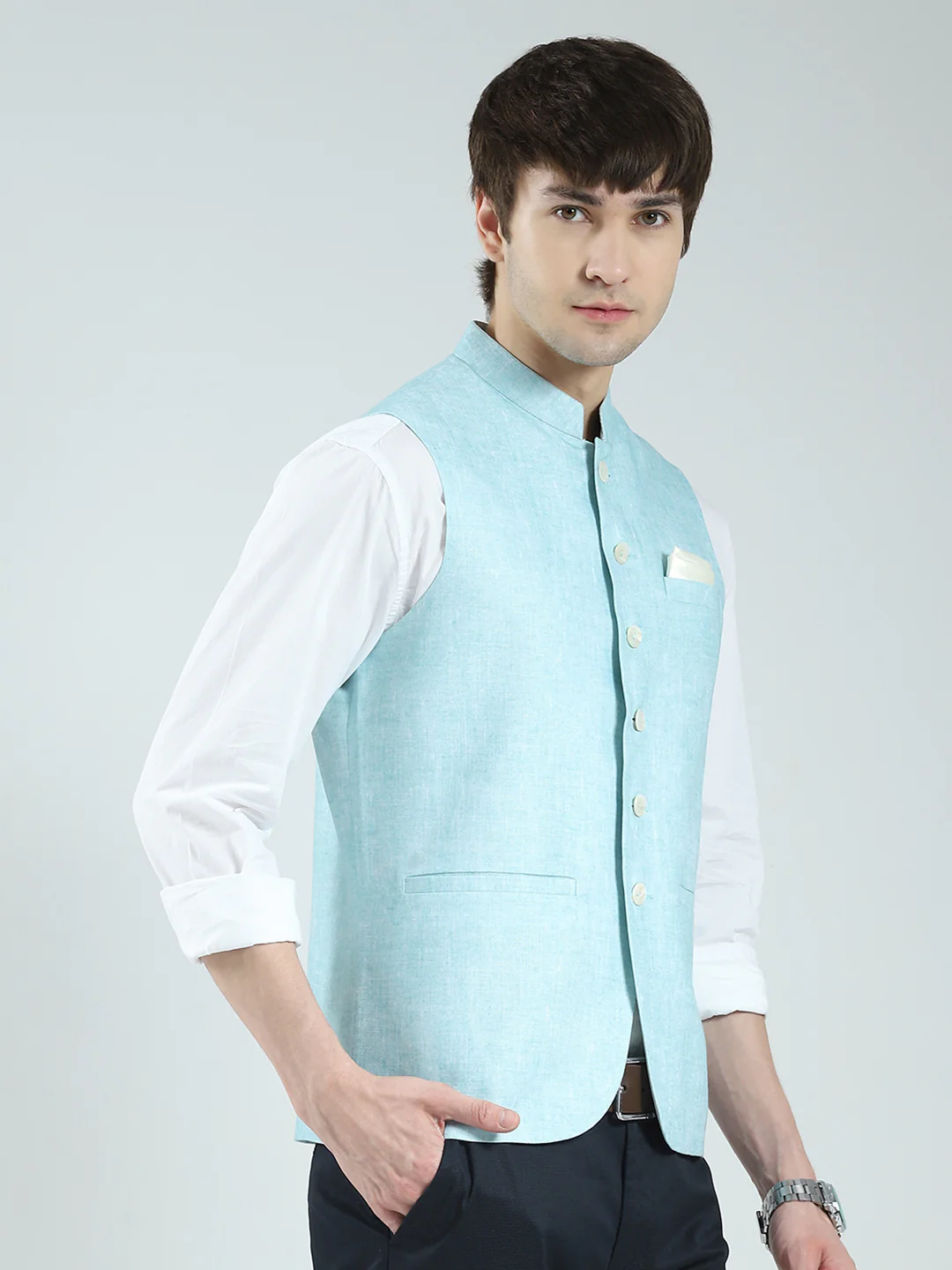 Men Blue Printed Band Neck Sleeveless Nehru Jacket - Image 4