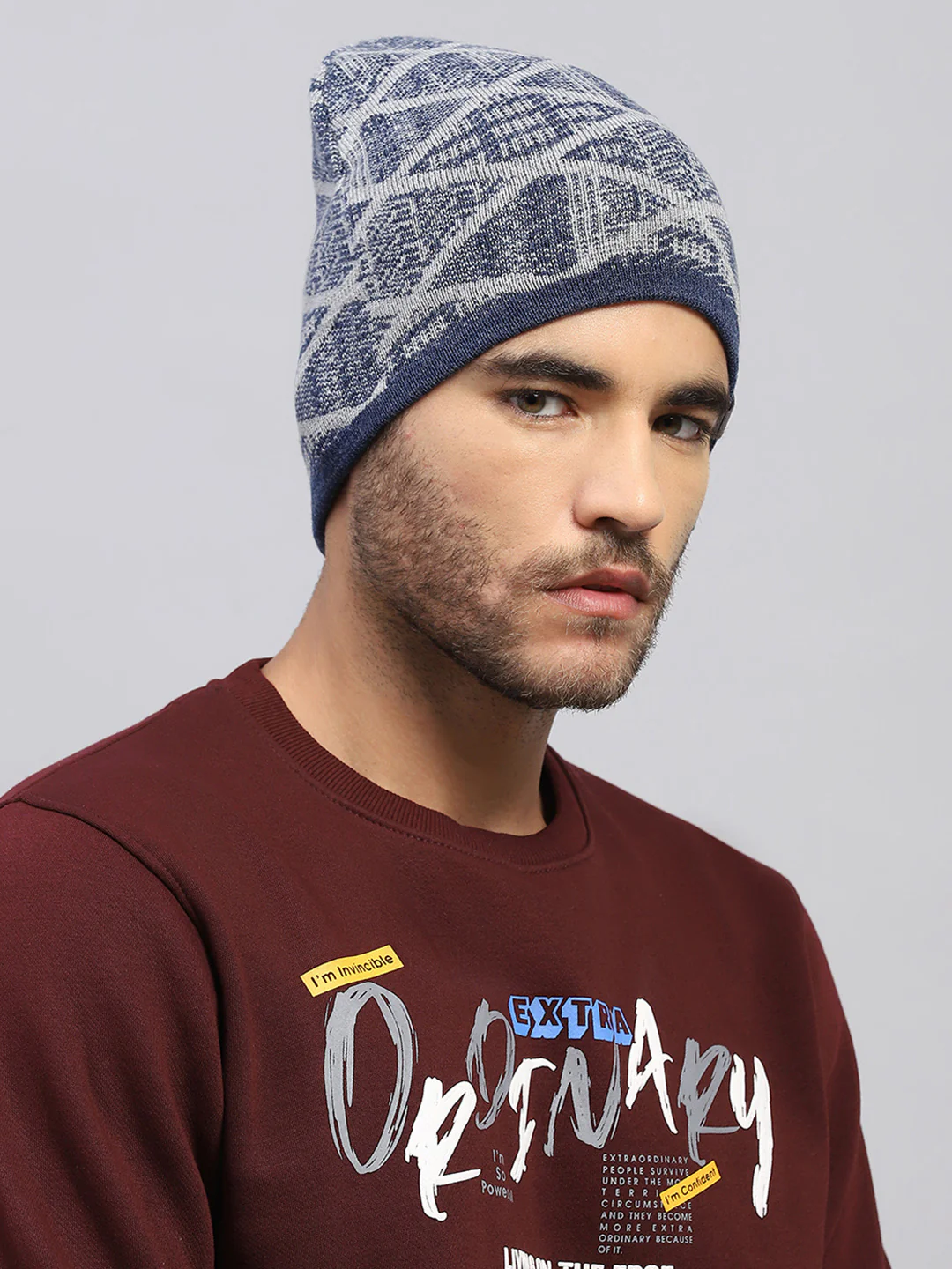 Men Blue Printed Blend Wool Cap - Image 4