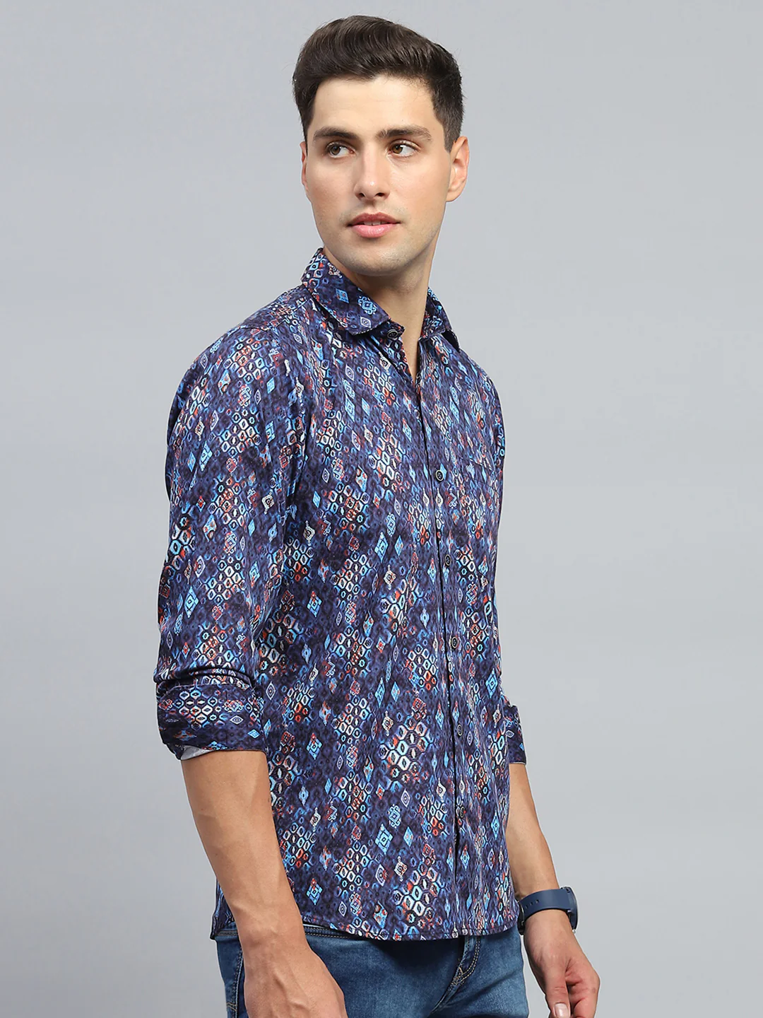 Men Blue Printed Collar Full Sleeve Shirt - Image 4