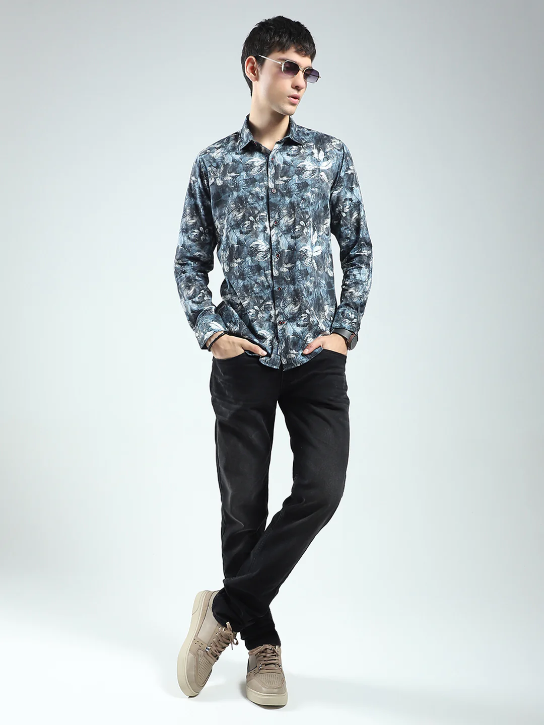 Men Blue Printed Collar Full Sleeve Shirt - Image 2