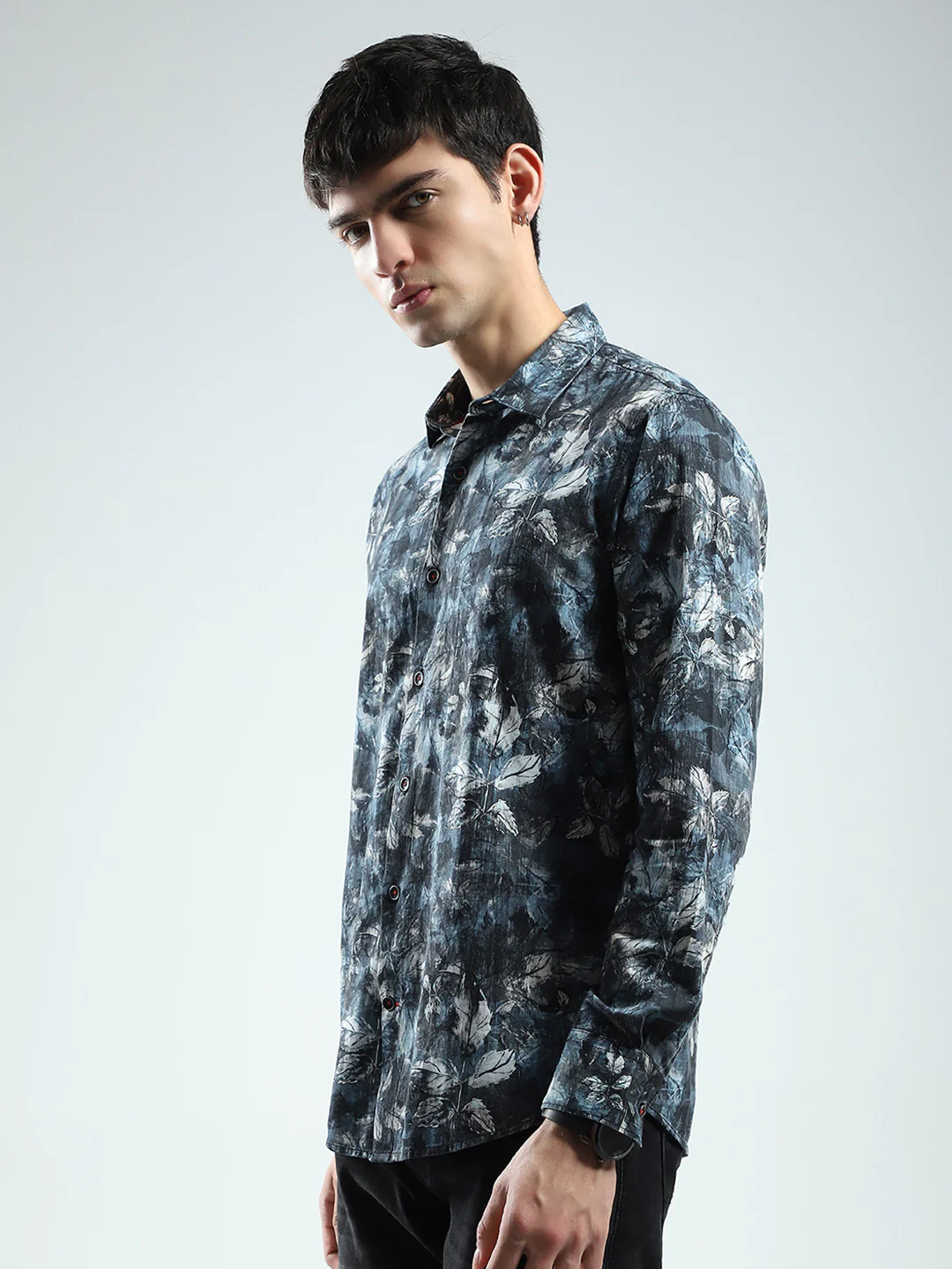 Men Blue Printed Collar Full Sleeve Shirt - Image 3