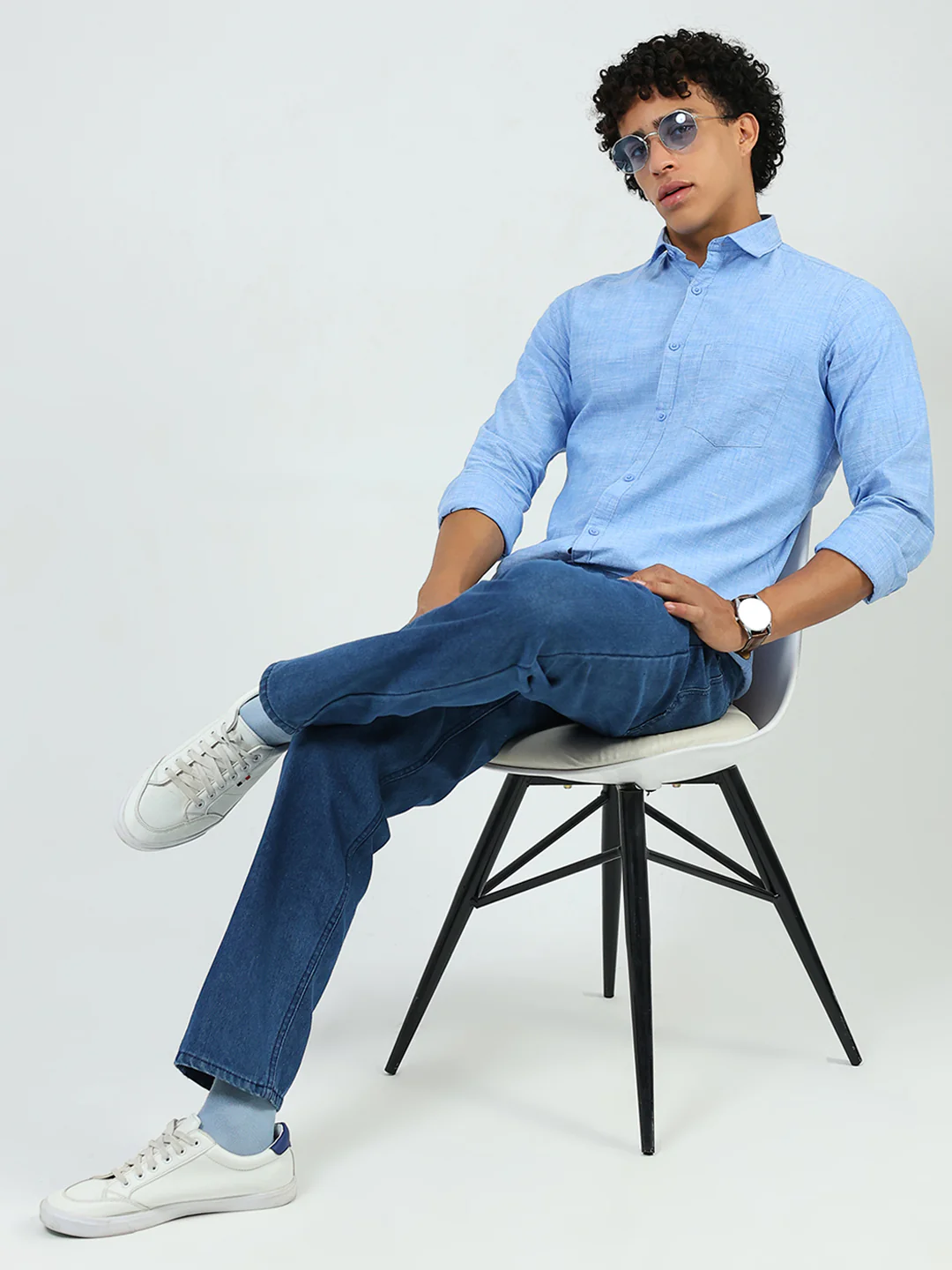 Men Blue Printed Collar Full Sleeve Shirt - Image 2