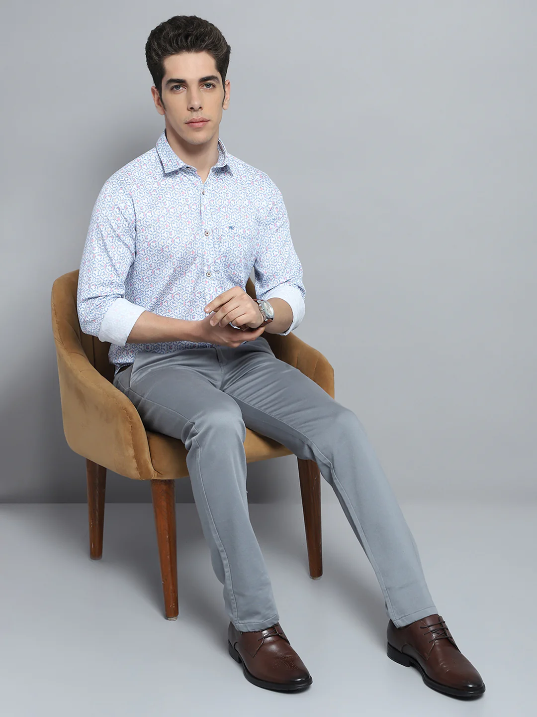 Men Blue Printed Collar Full Sleeve Shirt - Image 2