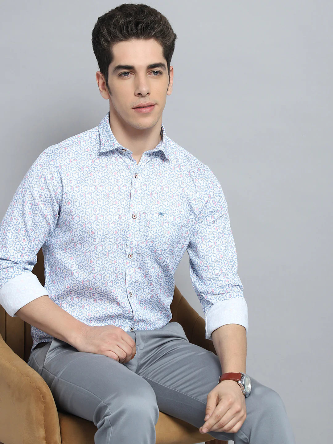 Men Blue Printed Collar Full Sleeve Shirt - Image 6