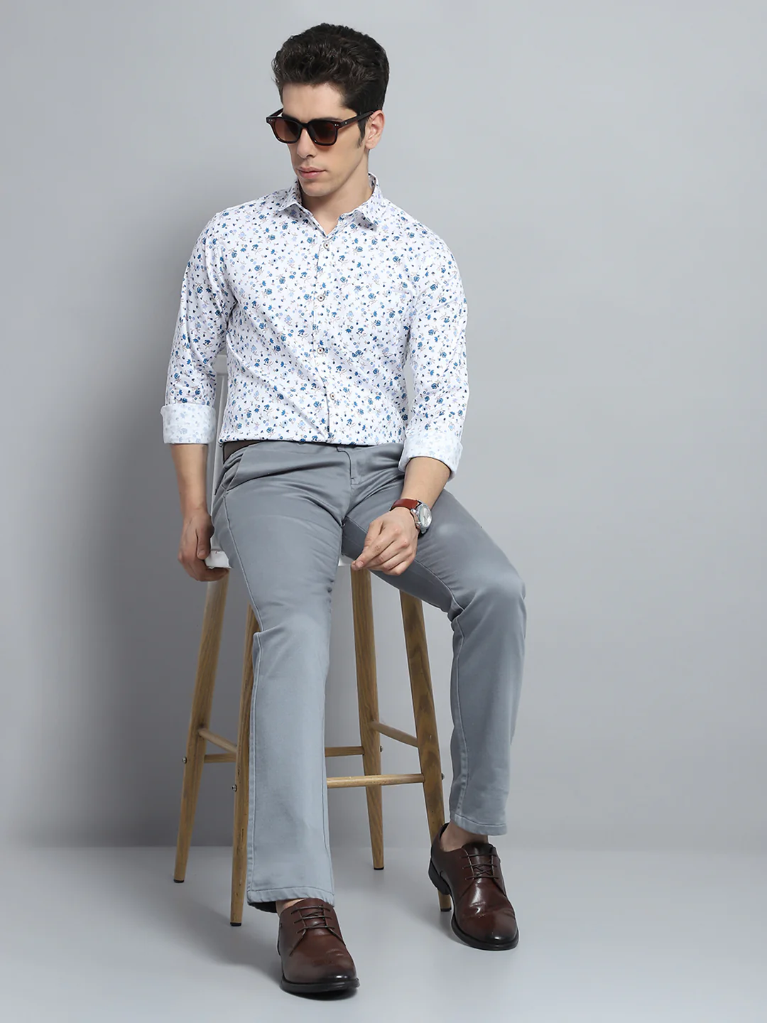 Men Blue Printed Collar Full Sleeve Shirt - Image 2