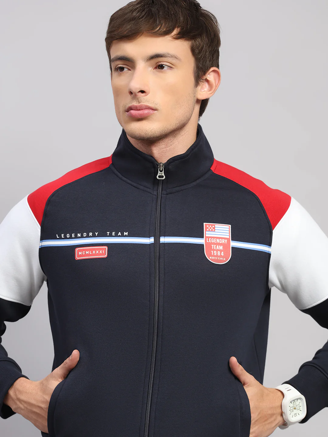 Men Blue Printed Collar Full Sleeve Sweatshirt - Image 6