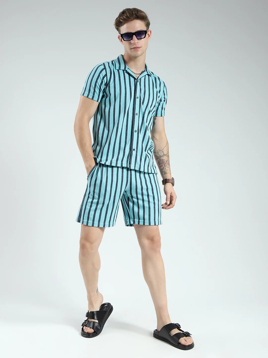 Men Blue Printed Collar Half Sleeve Bermuda Set - Image 2