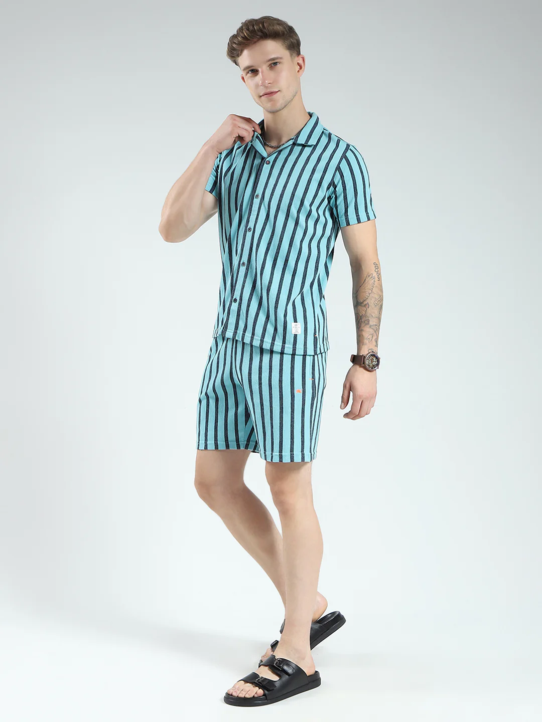 Men Blue Printed Collar Half Sleeve Bermuda Set - Image 3