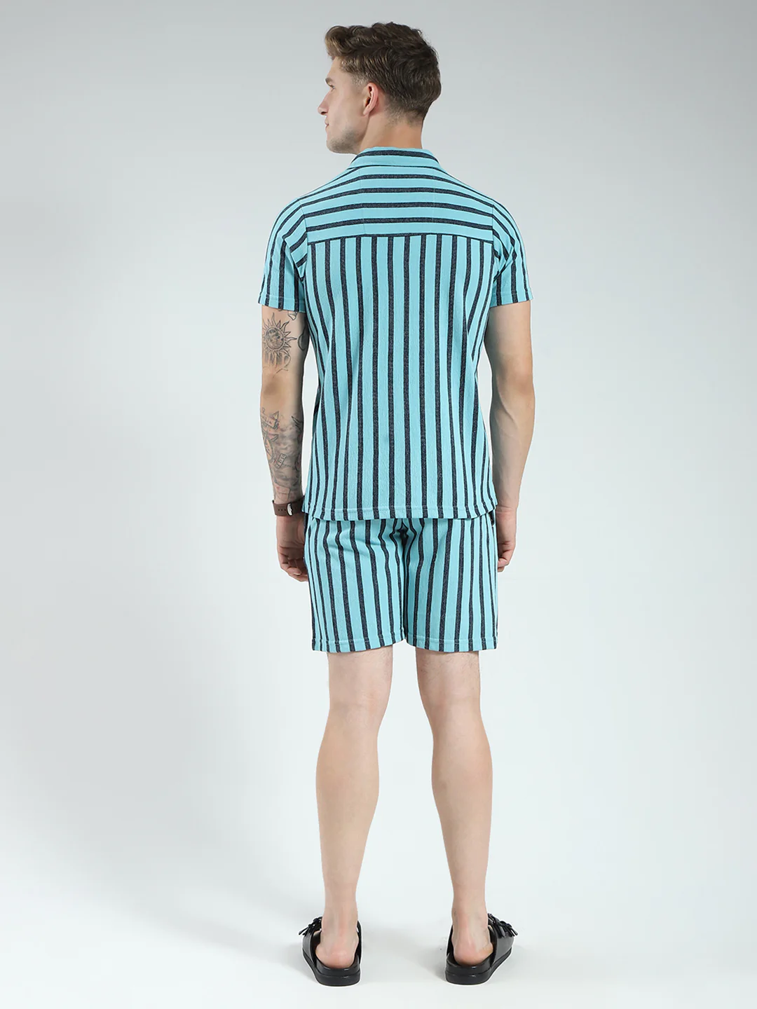 Men Blue Printed Collar Half Sleeve Bermuda Set - Image 5