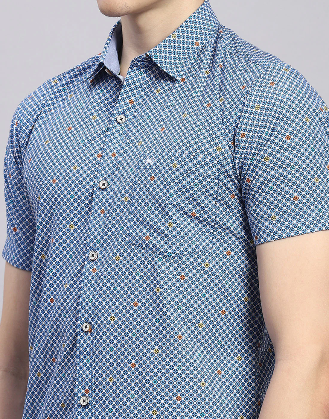 Men Blue Printed Collar Half Sleeve Shirt - Image 7