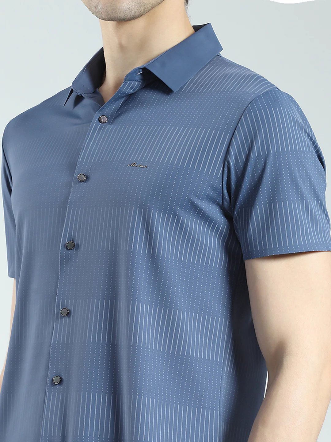 Men Blue Printed Collar Half Sleeve Shirt - Image 7