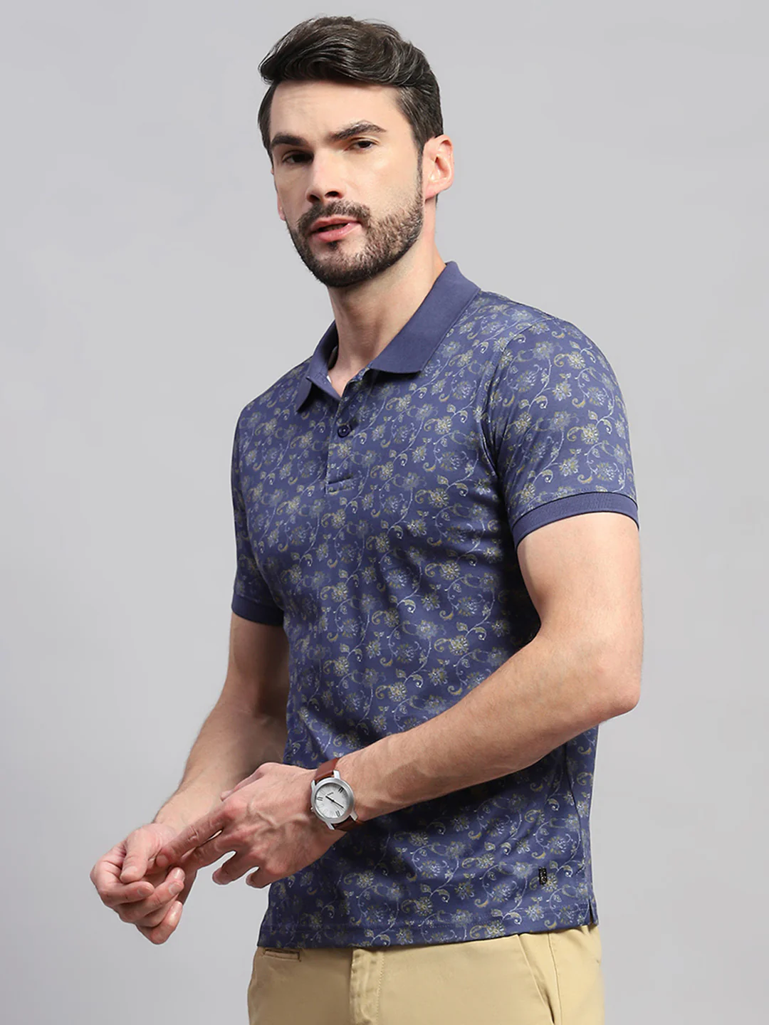 Men Blue Printed Collar Half Sleeve T-Shirt - Image 3