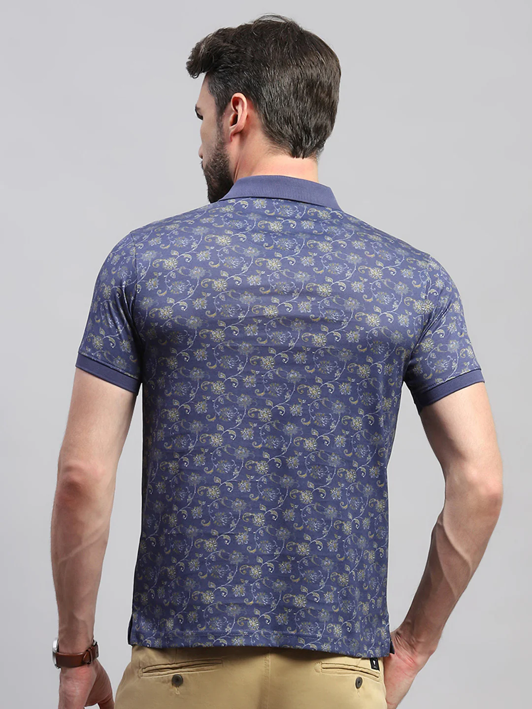 Men Blue Printed Collar Half Sleeve T-Shirt - Image 5
