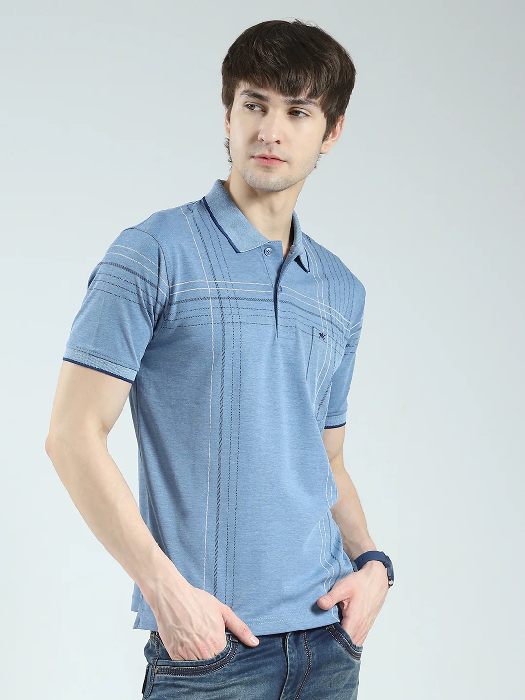 Men Blue Printed Collar Half Sleeve T-Shirt - Image 4