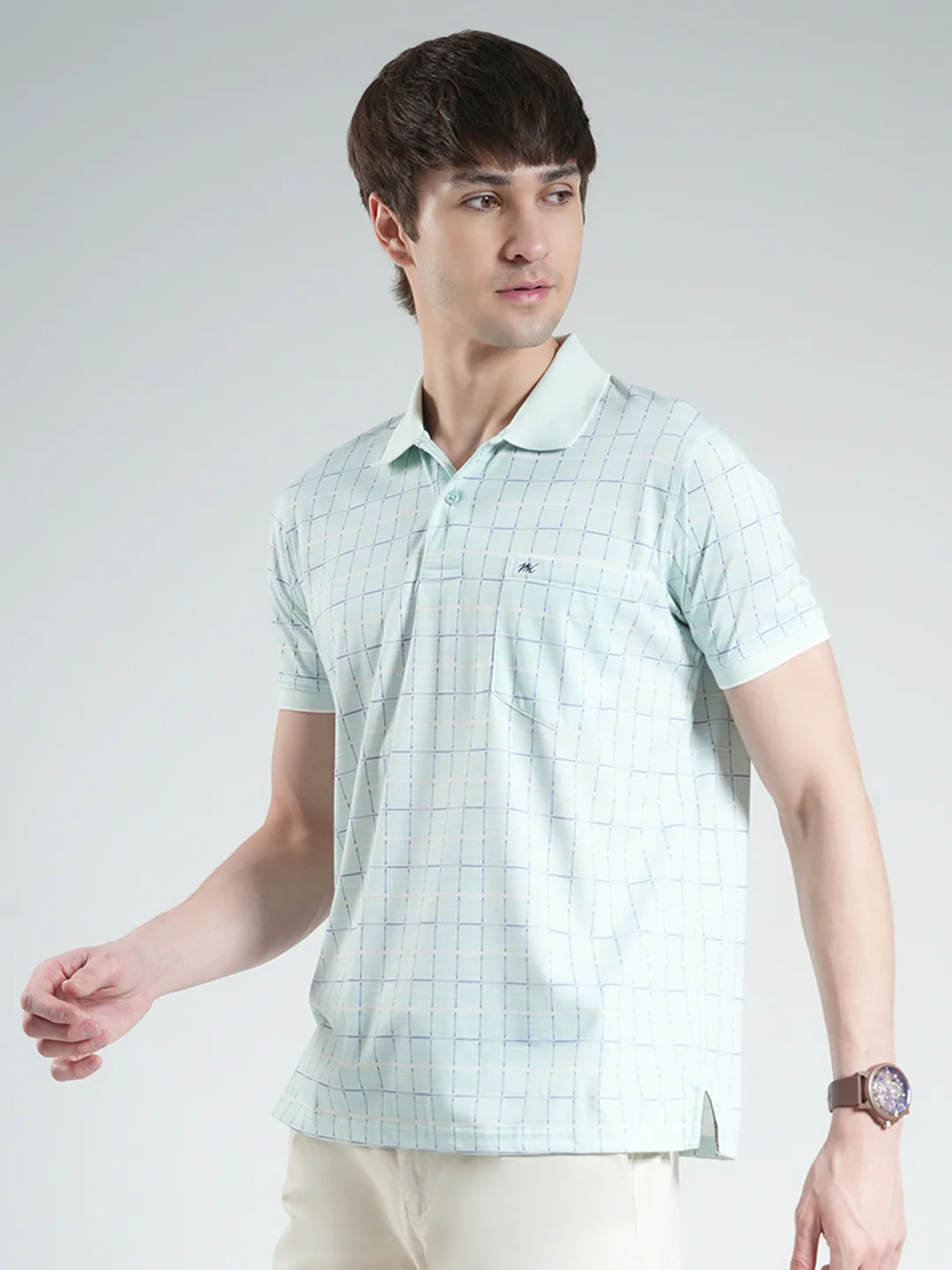 Men Blue Printed Collar Half Sleeve T-Shirt - Image 3