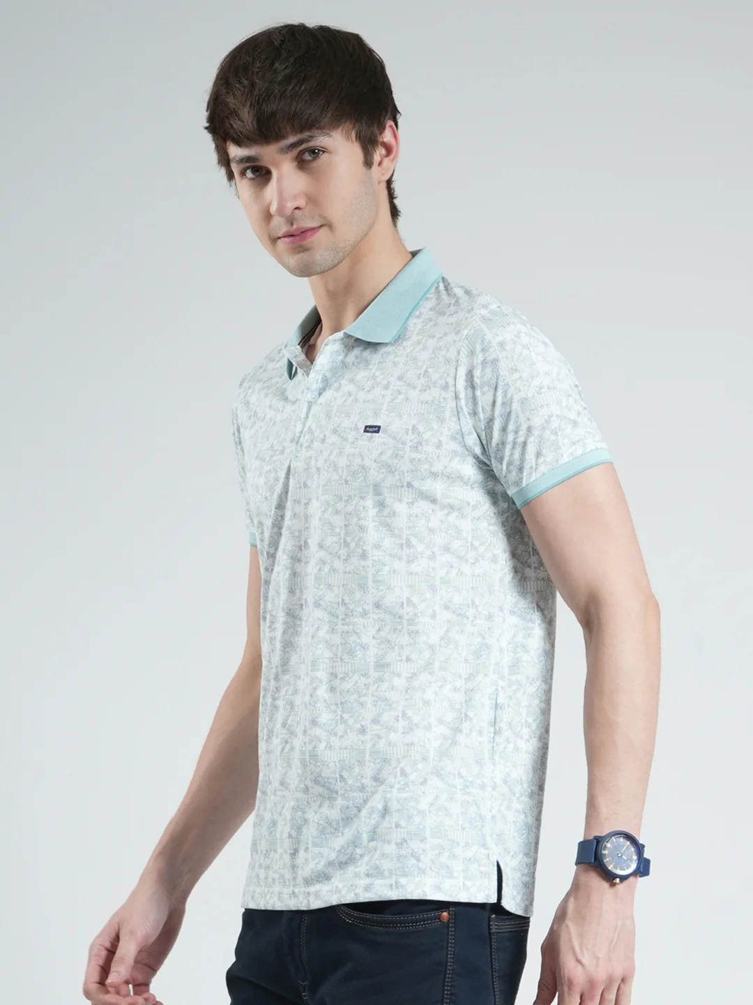 Men Blue Printed Collar Half Sleeve T-Shirt - Image 3
