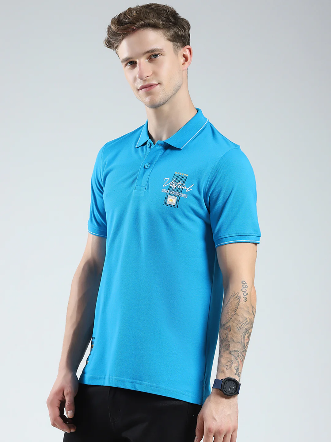 Men Blue Printed Collar Half Sleeve T-Shirt - Image 3