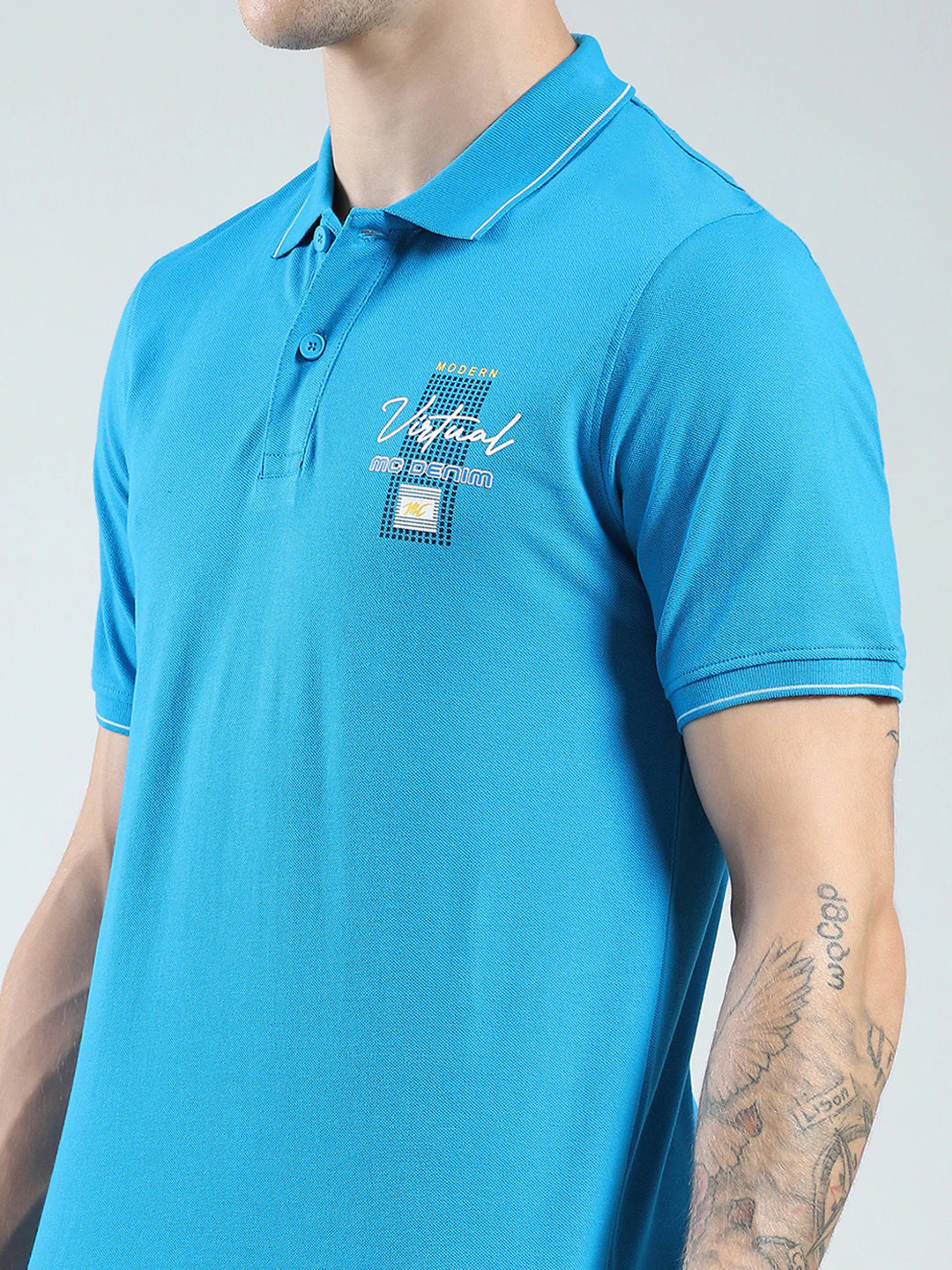 Men Blue Printed Collar Half Sleeve T-Shirt - Image 6