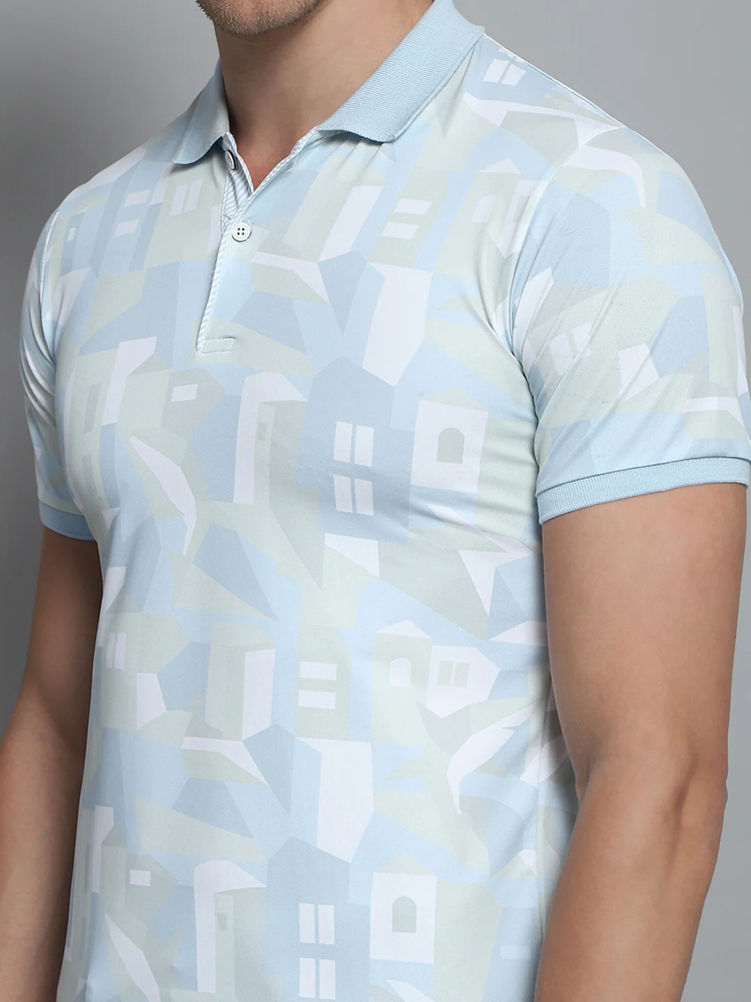 Men Blue Printed Collar Half Sleeve T-Shirt - Image 7