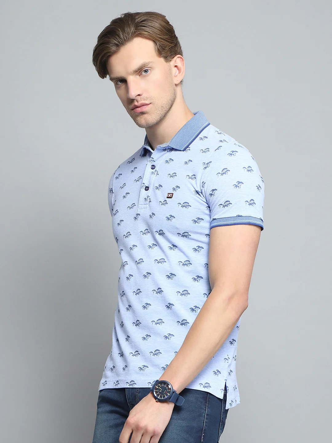 Men Blue Printed Collar Half Sleeve T-Shirt - Image 3
